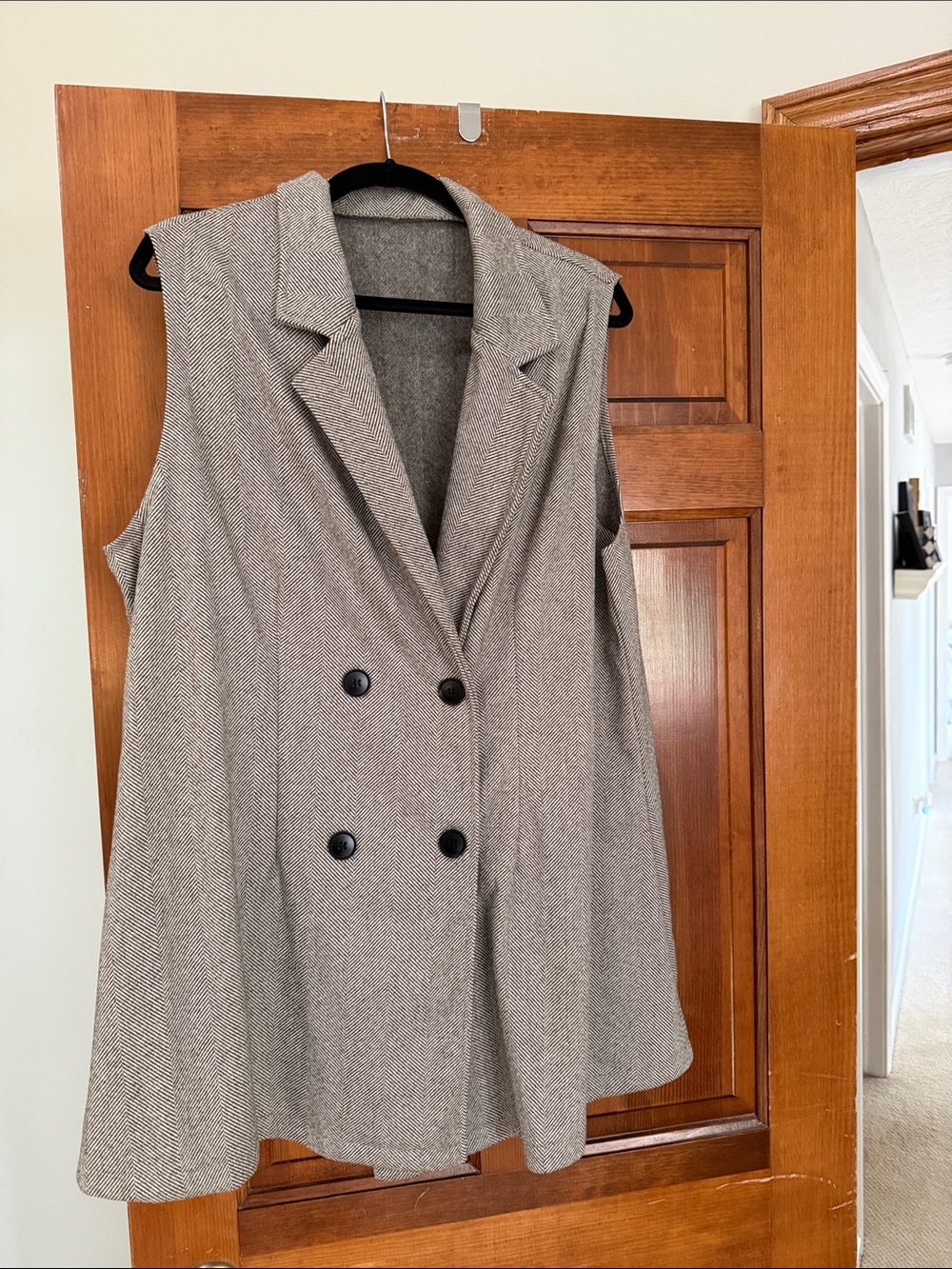 Sleeveless Double-Breasted Herringbone Vest Jacket - Gray